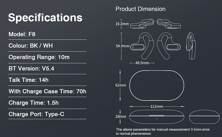 F8 Wireless Headset, F8 OWS earphone, OWS Earbuds ,F8 Earphone, Earphone with Charging Box, Wireless Microphone, Ear Clip Earbuds, ear clip earphone, Open Ear Headphone, Earphones